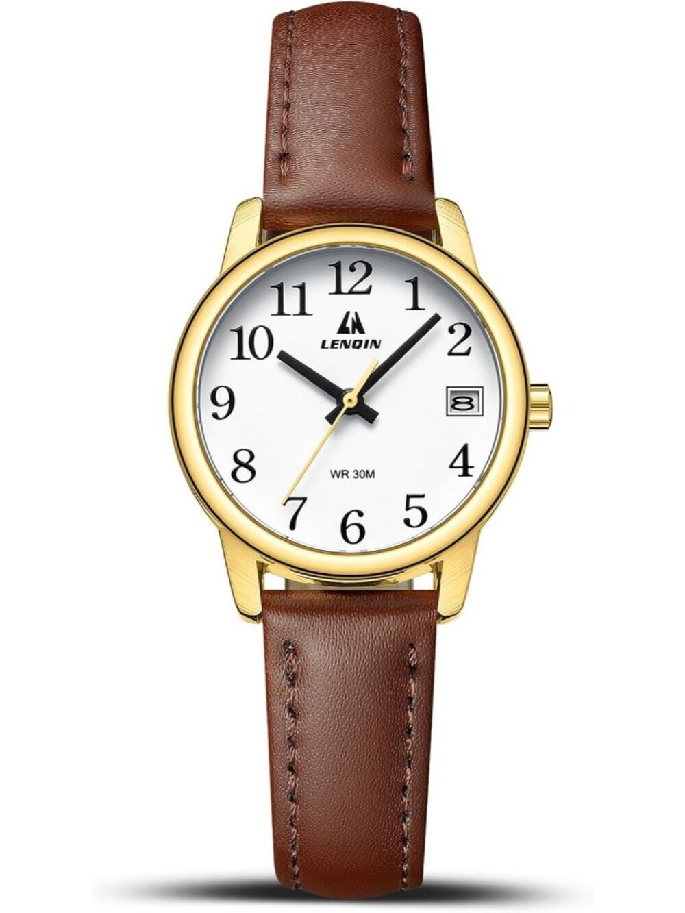 Women's Dark Brown Gold White Analog Waterproof Easy Reader Leather Strap Watch